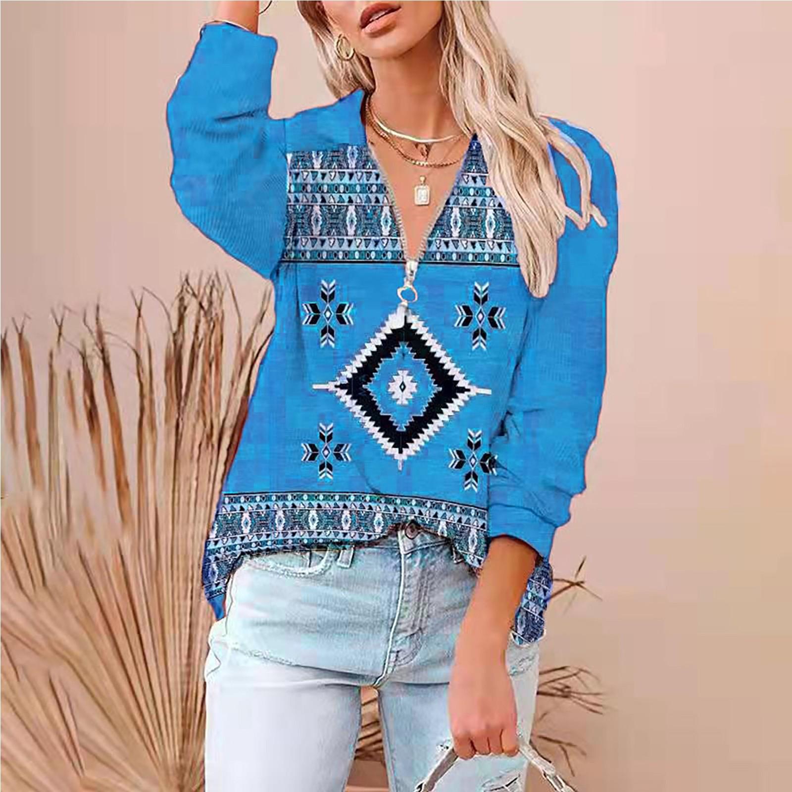 

Жіноча повсякденна етнічна модна блузка великого розміру з V-подібним вирізом і блискавкою з довгими рукавами XXXXXL синій