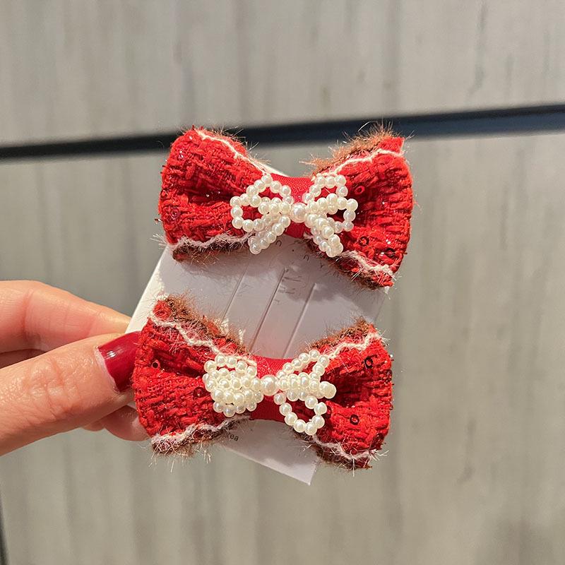 Red New Year Pearl Tassel Pompon Hair Clips for Children - Hanfu Style