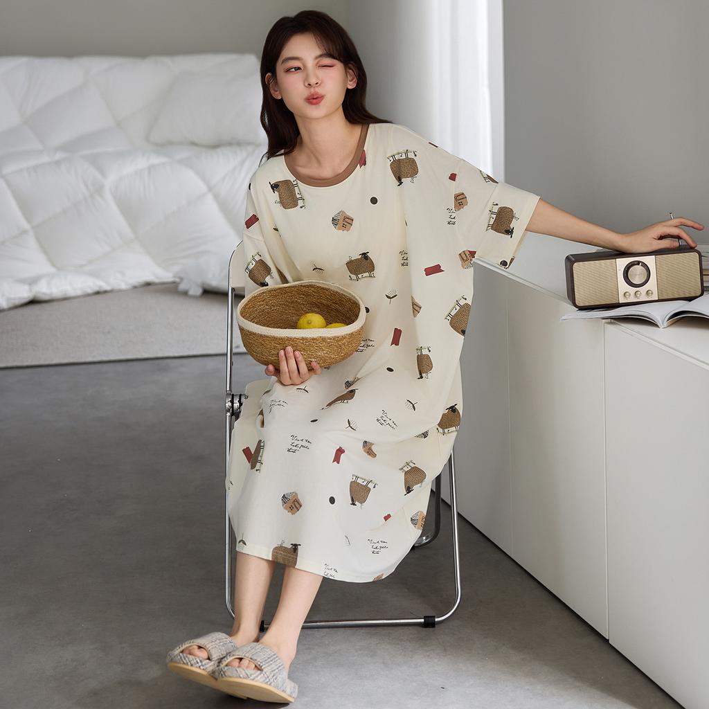 1011 New Nightdress with Chest Pad Women's Summer Pure Cotton Short-sleeved Thin Striped Medium and Long Pajamas Loungewear Skirt