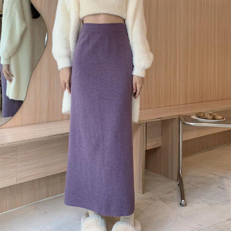 Versatile Slimming High-Waist Knitted Midi Skirt for Fall and Winter