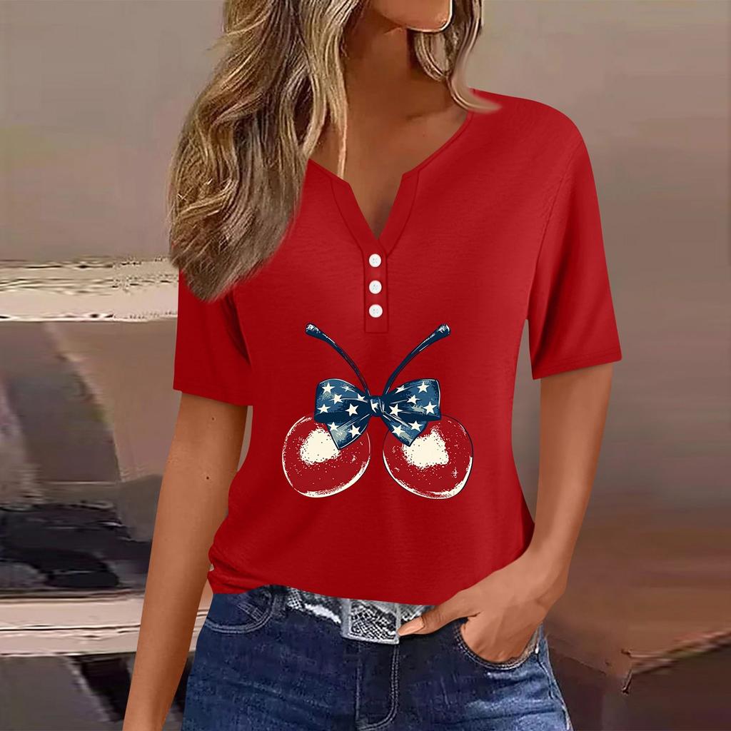 Women's T Shirt Tee Independence Day Print Button Short Sleeve Daily Weekend Fashion Basic V-Neck Regular Top