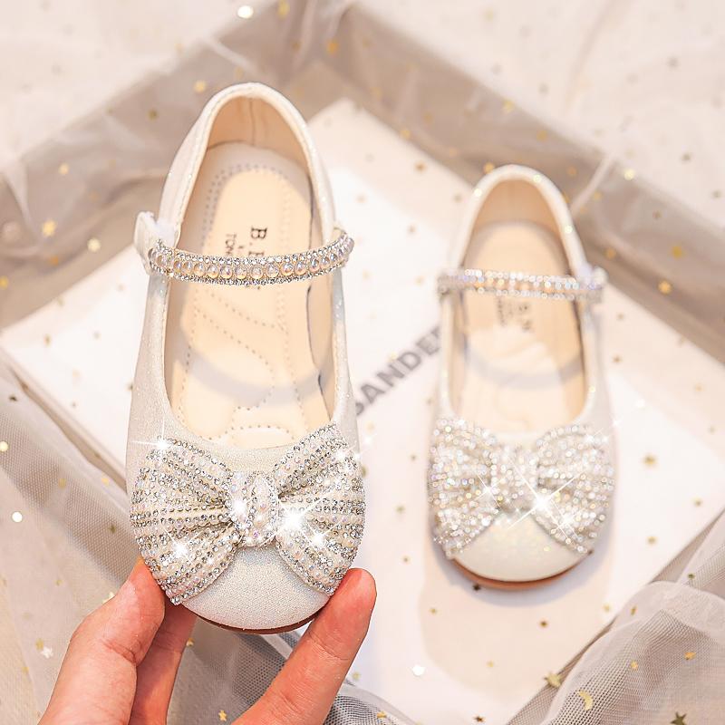 

Kids Fashion Girls Mary Janes for Party Wedding New Soft Breatheable Simple Non-slip Children Casual Shoes Bow Rhinestones 26 бежевый
