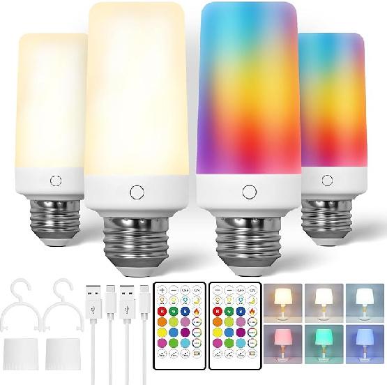 2 Pack Rechargeable Emergency Light Bulb with Remote, Color Changing Battery Powered USB LED Bulbs 12 RGB Color Dimmable E26 120 Volt 9W for Power