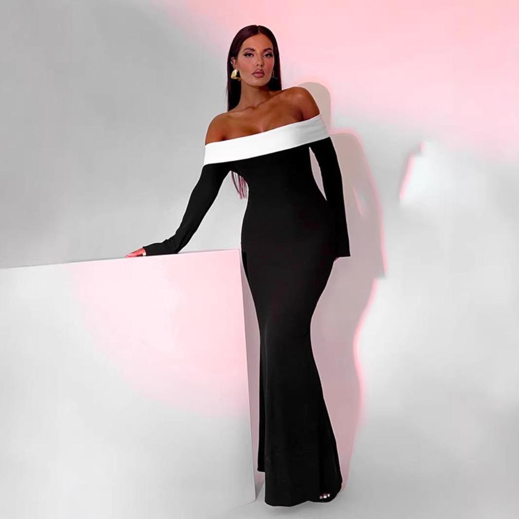 2025 French Fashion Color Block One-Shoulder Bodycon Mermaid Dress