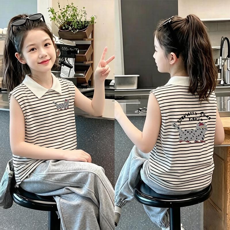 Girls' Cotton Striped Sleeveless Polo Shirt