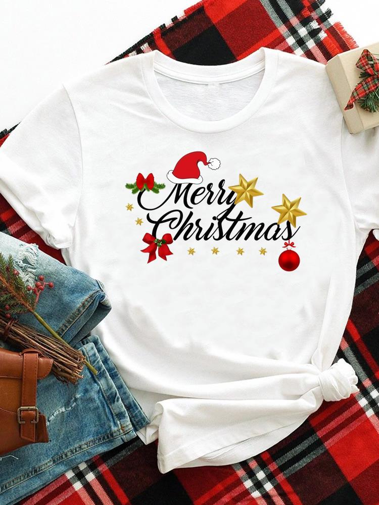 (Asian Size) merry Christmas new year o-neck Women's Top T Clothing Print lovely trend cute Short Sleeve T-shirts Fashion holiday Graphic Tee