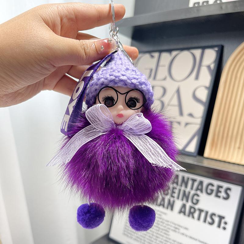 Pompom Sleeping Baby Keychain Cute Fluffy Plush Doll Keyholder Women Girl Bags Keyrings Cars Key Ring Gift Charming Decoration