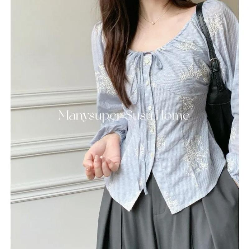 

Women s Striped Embroidered Blouse Square Neck Tie Front Puff Sleeve Slim Fit Elegant Casual Shirt S синій