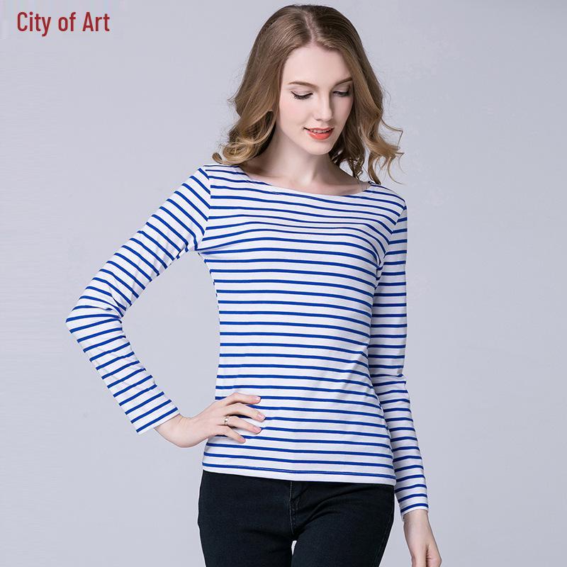 

Весна 2023 Женская футболка с длинным рукавом на одно плечо в черно-белую полоску S синий