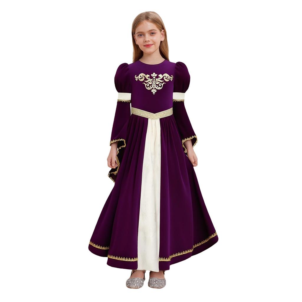Luxury Medieval Princess Gown for Kids: Detailed Patchwork, Bell Sleeves, Gold Print & Waist Band for Renaissance Theme Event