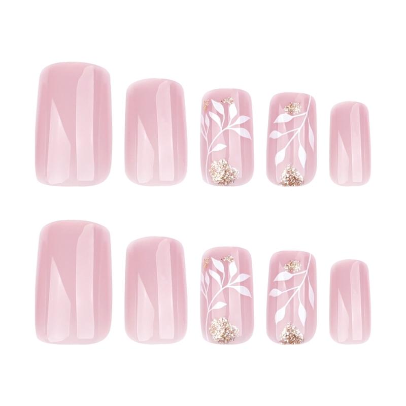 24Pcs Short Square Press On Nail Flowers False Nail Manicure Nail Decors Stick on Nail For DIY Acrylic Nail Art