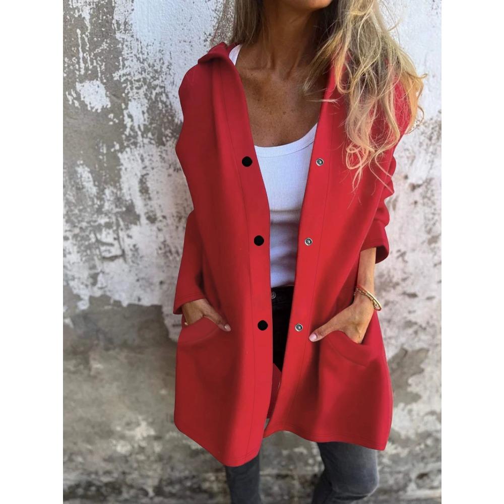 Manteau pour femme à capuche de couleur unie de grande taille, épais, à simple boutonnage, pour l'automne et l'hiver
