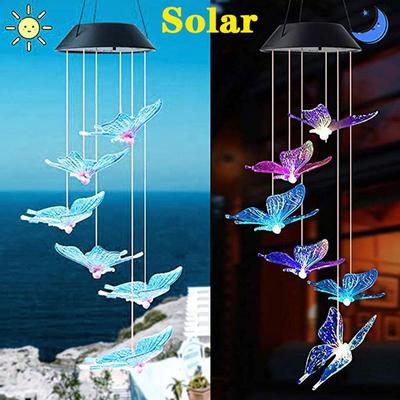 Solar Lights Outdoor Butterfly Dragonfly Hummingbird Wind Chimes Color Changing Waterproof Solar Powered Led Wind String Lights Hanging Lights