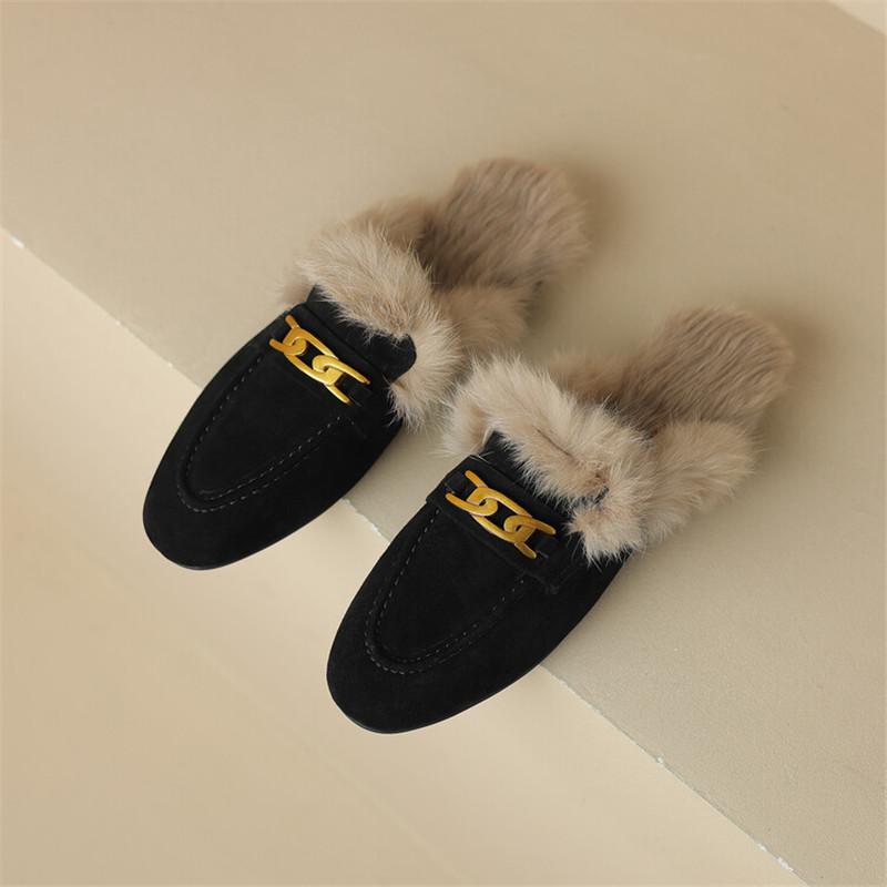 Fashion 2025 Winter Sheep Suede Women Shoes Rabbit Hair Mules Shoes for Women Round Toe Low Heel Slippers Chunky Heel Cover Toe Slippers