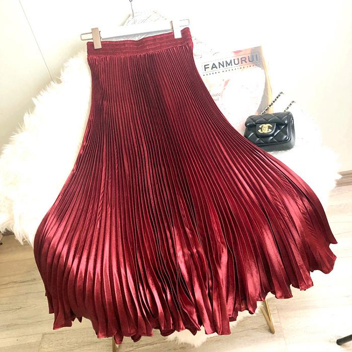 Women Reflective Bright Satin Long Skirt with Solid Color Pleated A-Line Skirts for Fall