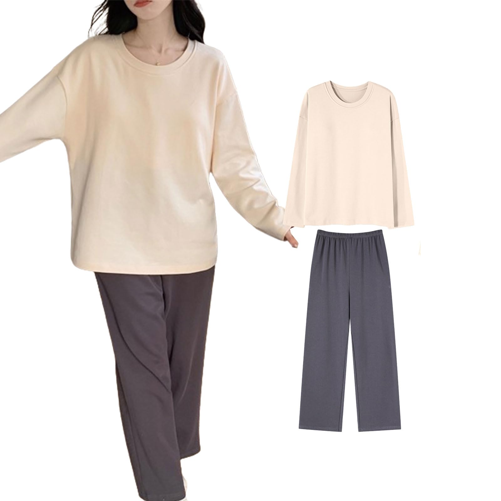 

Loungewear Long Sleeve Top and Pants Loose Pullover and Cute Pajama Perfect for Hospital or as a Change of Clothes [7-livehouse] Women s Pajamas, Set, бежевый
