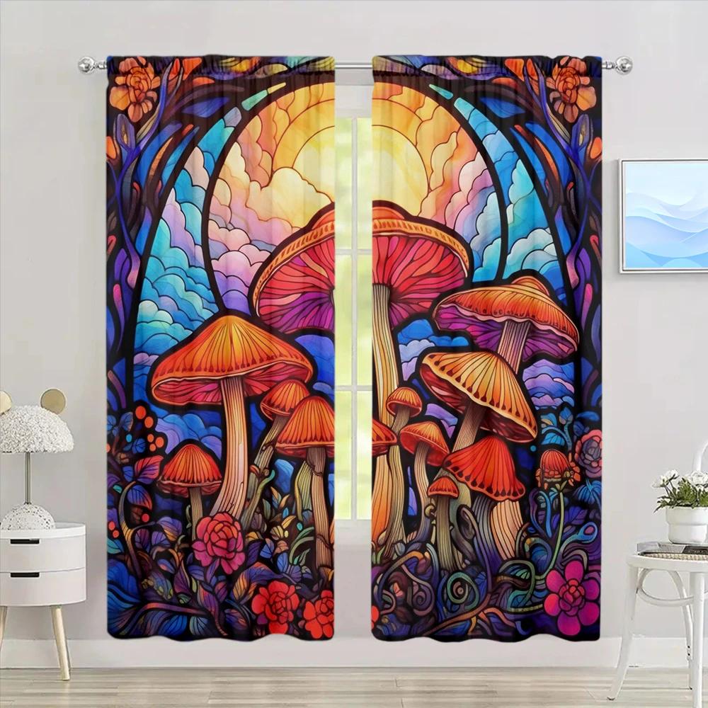 2pcs Colored Glass Mushroom Printed Curtain for Home Decor - Rod Pocket Window Treatment for Bedroom,Office,Kitchen, Living Room
