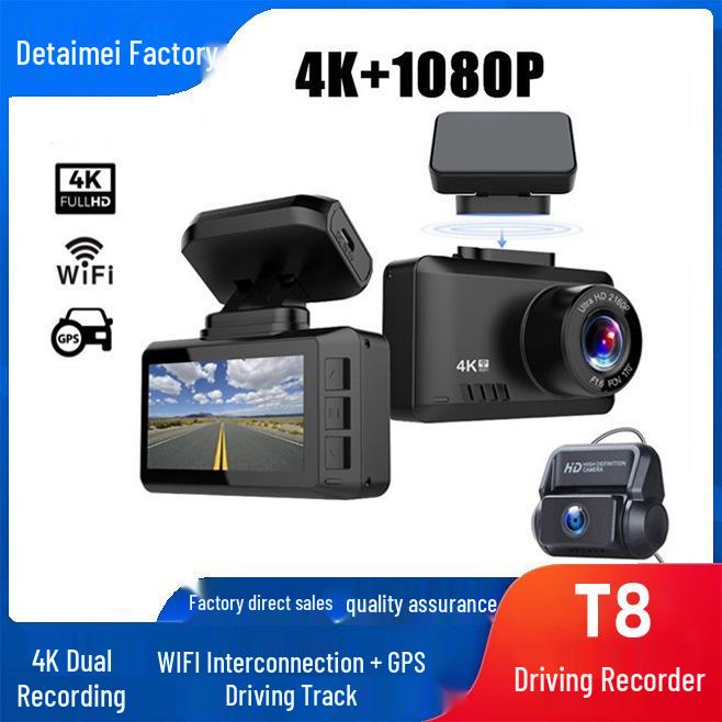 

T8 4K Двойная видеорегистратор с ночным видением, WiFi и GPS-слежением Dual Cam + WIFI + GPS + 128G Card