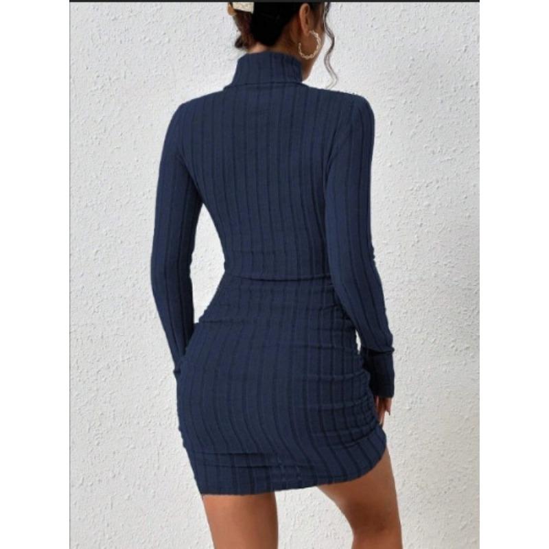 Mode Rollkragen Damen Strick Kurzkleid Herbst und Winter Neu Langarm Rippstrick Hüftbetont Lässige Partykleider Bodycon Schlichte Kleidung 2708