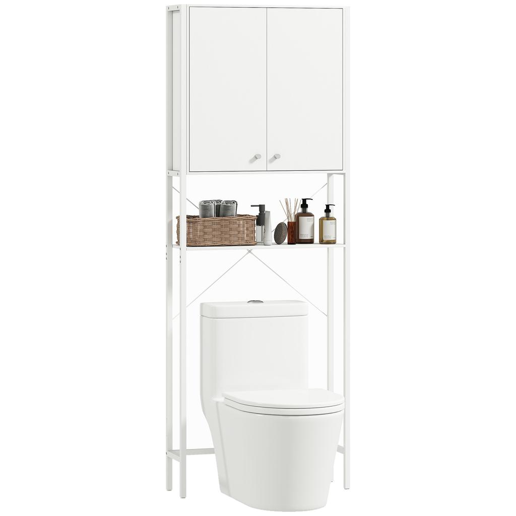 Mobile Toilet with Cabinet and Open Shelf, Space-Saving Washer Top Unit with Metal Legs, for Bathroom and Laundry Room, 64x20x180 cm, White