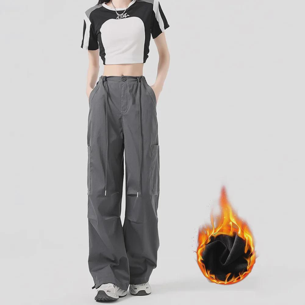 Women's High-Waist Velvet-Lined Wide-Leg Climbing Pants - Autumn/Winter 2025 American Style