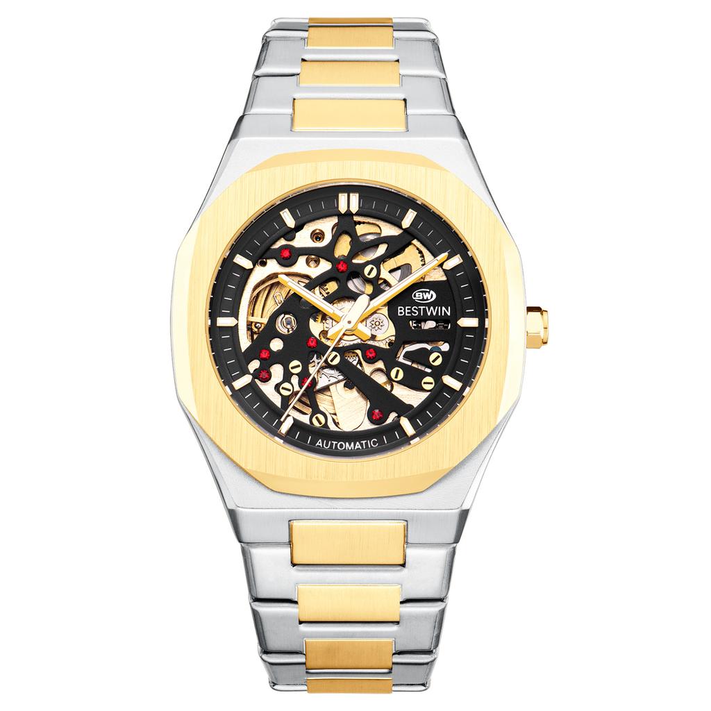 Automatic Mechanical Watches for Men Skeleton Hollow Dial Luminous Wrist Watch Steel Strap Square Case Watch Waterproof