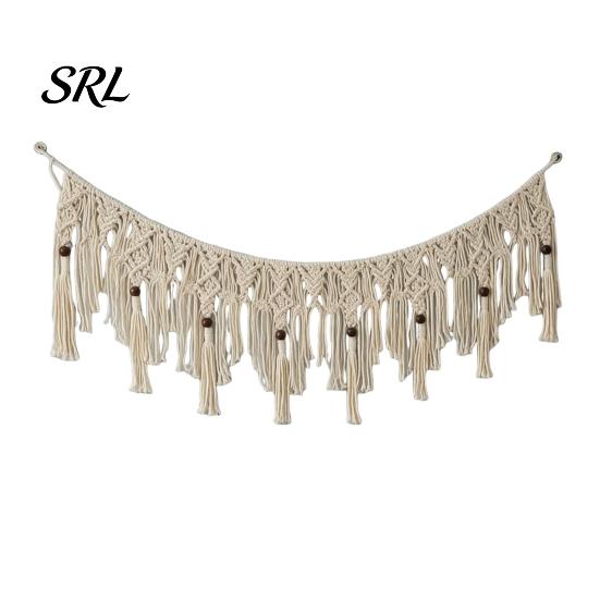 Cotton Rope Backdrop Boho Garland Wall Hanging with Wooden Beads, Hand Woven Tassel Banner, Textured Decor Nordic Window Tapestry, Bohemian