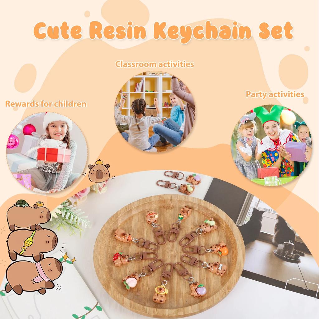30Pcs Resin Capybara Keychain Charm Set 3D Capybara Keychain Backpack Pendant Mini Cartoon Purse Car Keyrings Handbag Decoration