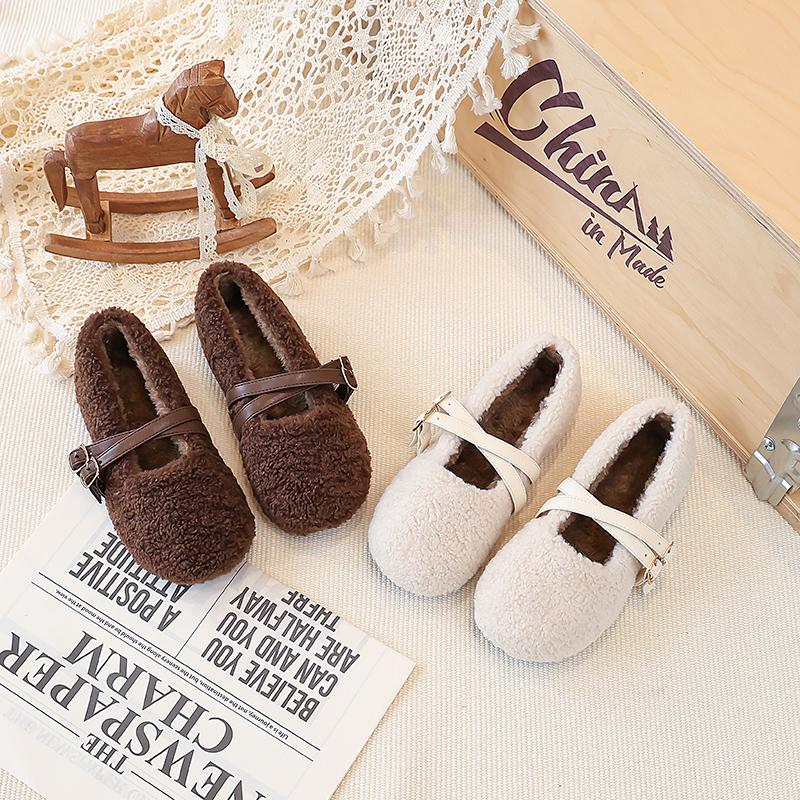 Toddler Girls Strappy Fuzzy Flats New Winter Kids Ballet Flats Soft Sole Non-slip Elegant Retro Girls School Party Shoes