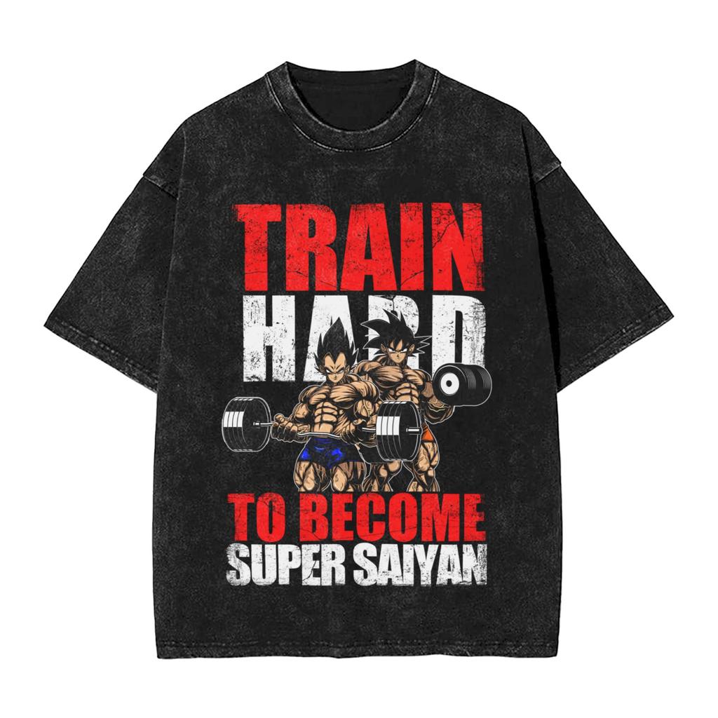 No Pain No Gain Saiyan Goku Dragon Ball T Shirts Hip Hop Washed Oversize TShirt Anime Vintage Men Women Tops Streetwear Tees