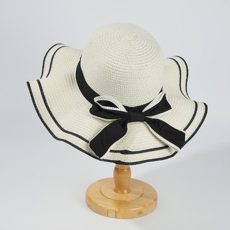 Summer bow straw hat beach hat big eaves streamer vacation play outdoor breathable sunshade wavy edge sun protection hat