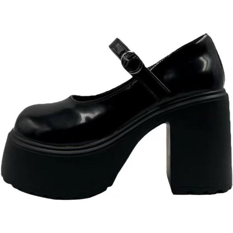 Versatile thick heel one-word buckle belt small leather shoes women's winter new thick-soled retro Mary Jane single shoes