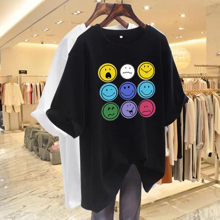 

2025 summer new round neck smiley face pattern short-sleeved t-shirt women s loose cotton half-sleeved top ns tide XXXXL чорний