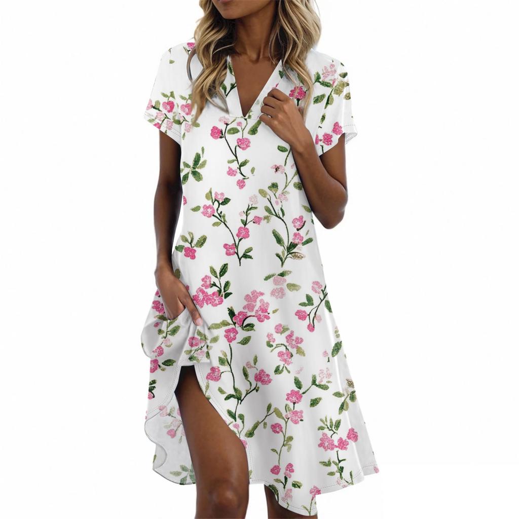 Ladies Casual Fashion Stand Collar Floral Print Short Sleeve Dress
