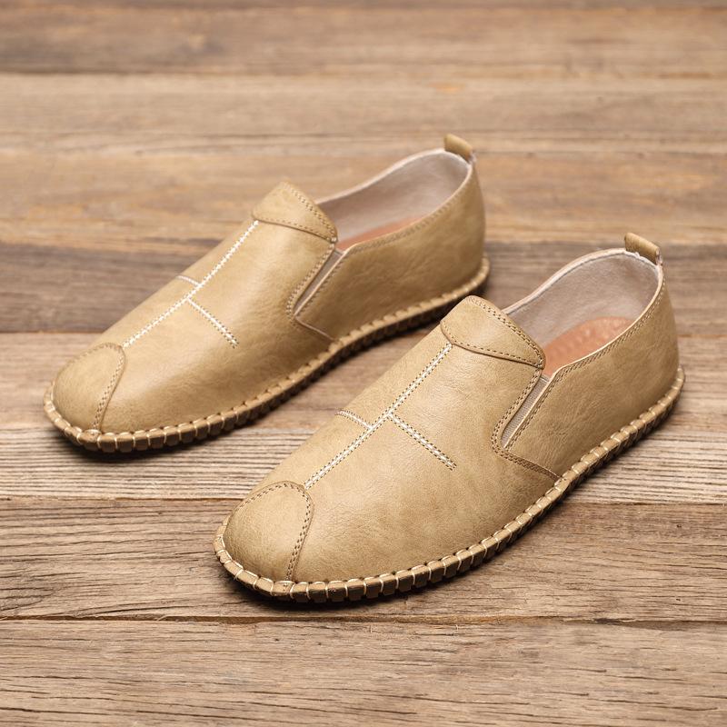 Fashion Summer Men's Handstitched Soft Leather Moccasins Slip-On Business Casual Shoes Flexible Rubber Sole Lightweight Comfort Footwear