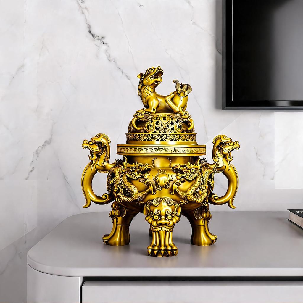 Aris & Juno Brass Dragon Incense Burner – Chinese Feng Shui Symbol of Protection & Strength, Decorative Censer for Home Altar or Meditation Space,
