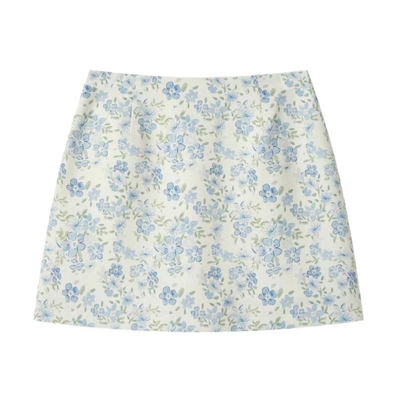 Sommer 2026 Blauer Blumiger High-Waist A-Linien Minirock