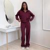 Women's Brown Hooded Zip Up Casual Sweatshirt and Wide Leg Pants Set