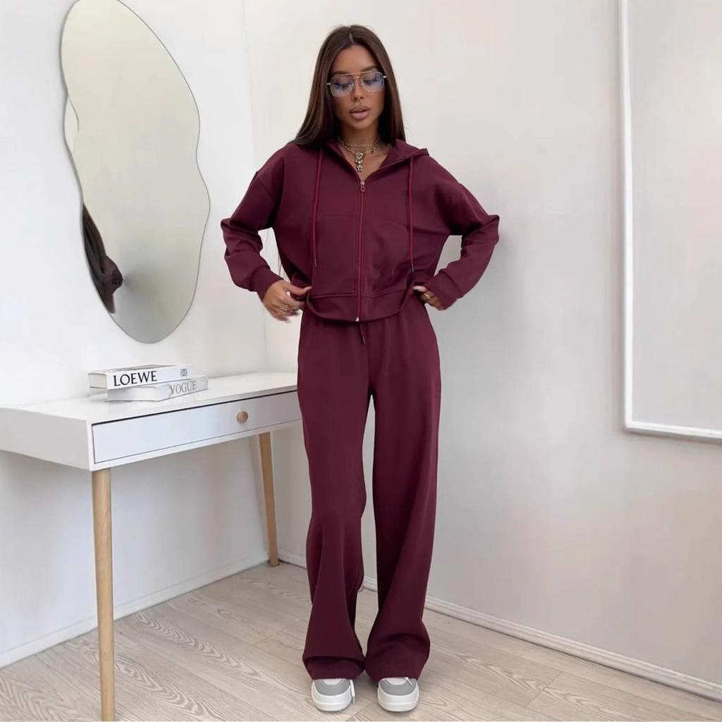 Women's Brown Hooded Zip Up Casual Sweatshirt and Wide Leg Pants Set