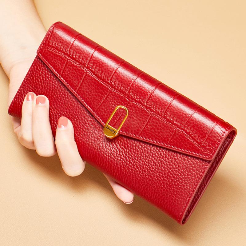 

Pure leather cowhide yellow wealth wallet for women, long leather zipper for holding mobile phones, large capacity wallet, thin