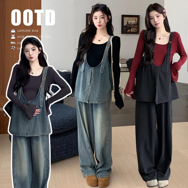 2026 Spring Maternity Two-Piece Set: Long-Sleeve Top & Trendy Denim Overalls M