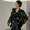 Loose Women's Shirt with A Sense of Design Black and Green Floral Patterns Fashionable A Niche Style and Slimming Shirt