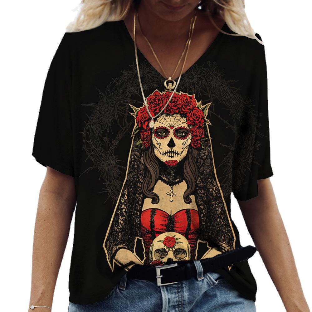 Summer V-neck 3D Funny Face Printed Top Fashionable Casual Short Sleeved Women's T-shirts