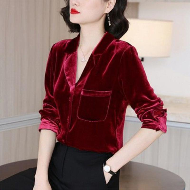 

Весна Осень Бархат Элегантный Модный Однотонный Рубашка Женская Поло с Длинным Рукавом Пуговицы Винтажный Топ Женская Свободная Повседневная Блузка XXL красный