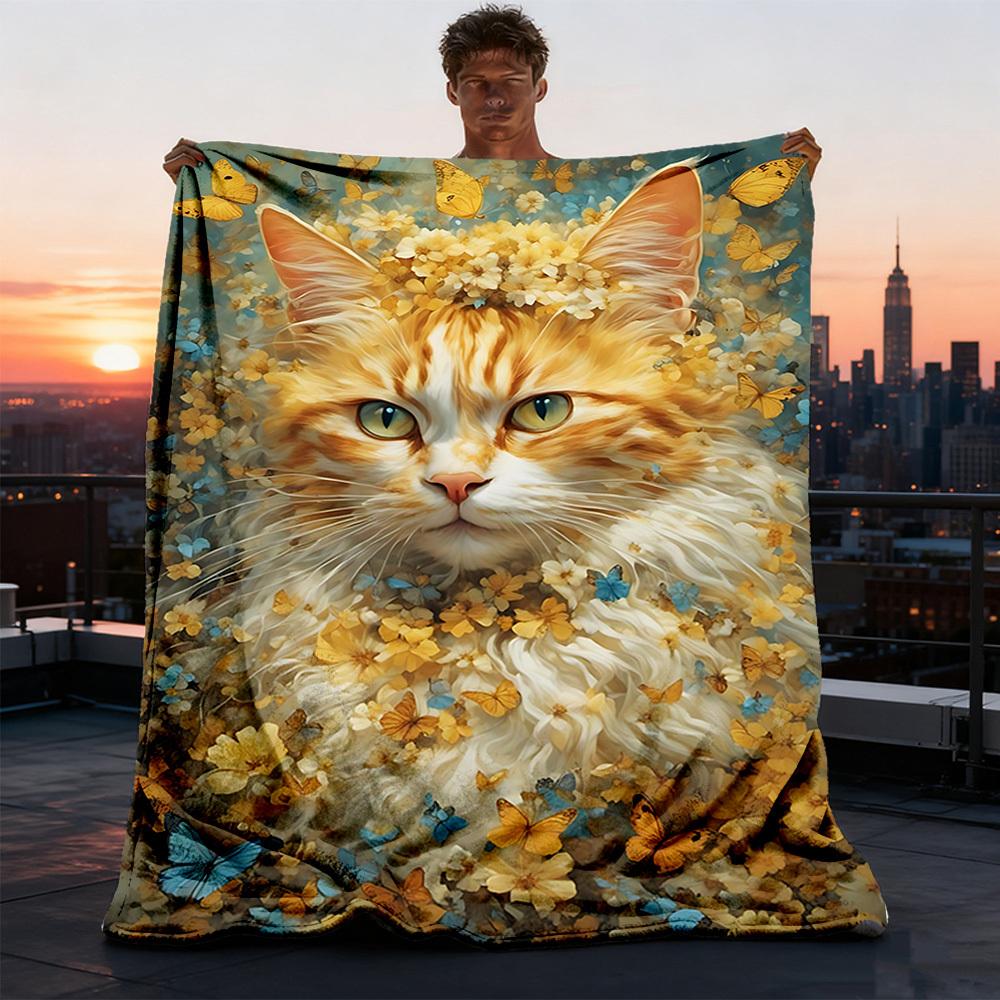 1pc Floral Cat Butterfly Print Outdoor Flannel Blanket , Machine Washable Perfect Gift for Birthday , Holiday Travel Accessory , Durable Material