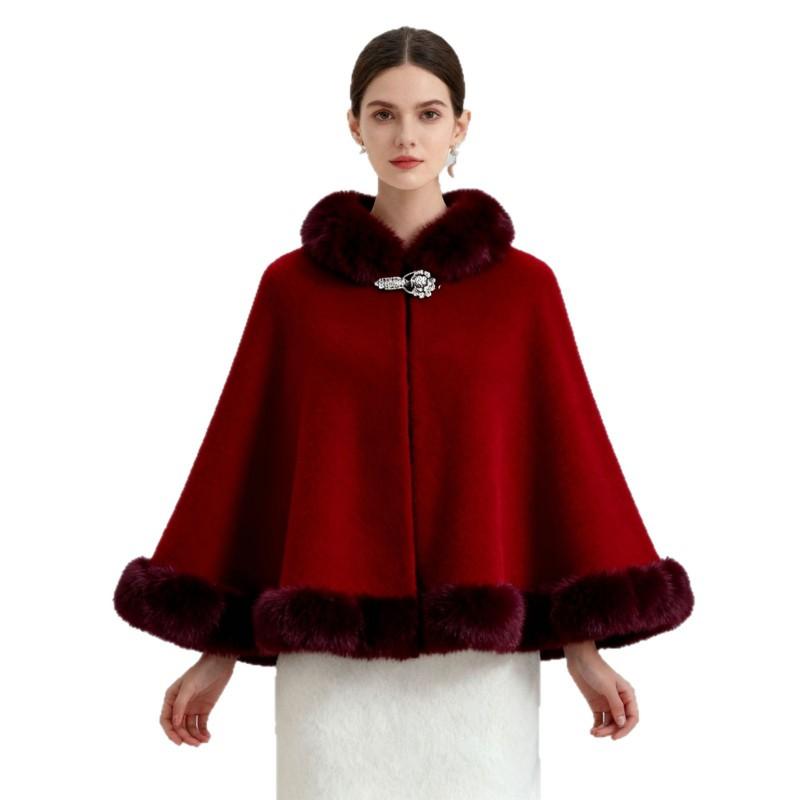 Cardigan Cape en Maille Oversize pour Femme avec Col en Fausse Fourrure Manteau Châle Chaud d'Hiver