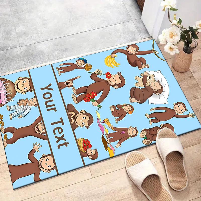 Custom Curious George Mat Personalized Name, Polyester Washable Indoor Entryway Rug, Gift for Christmas, Easter, Thanksgiving Day