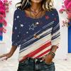 Women Plus Size Round Neck 3 4 Sleeve Star Stripe Printed Loose Blouse Navy Red White