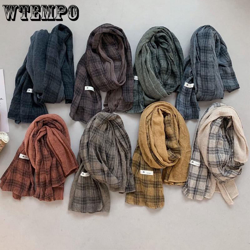 Korean Retro Grid Scarf Women's Autumn New Cotton and Linen Long Style Shawl Scarf