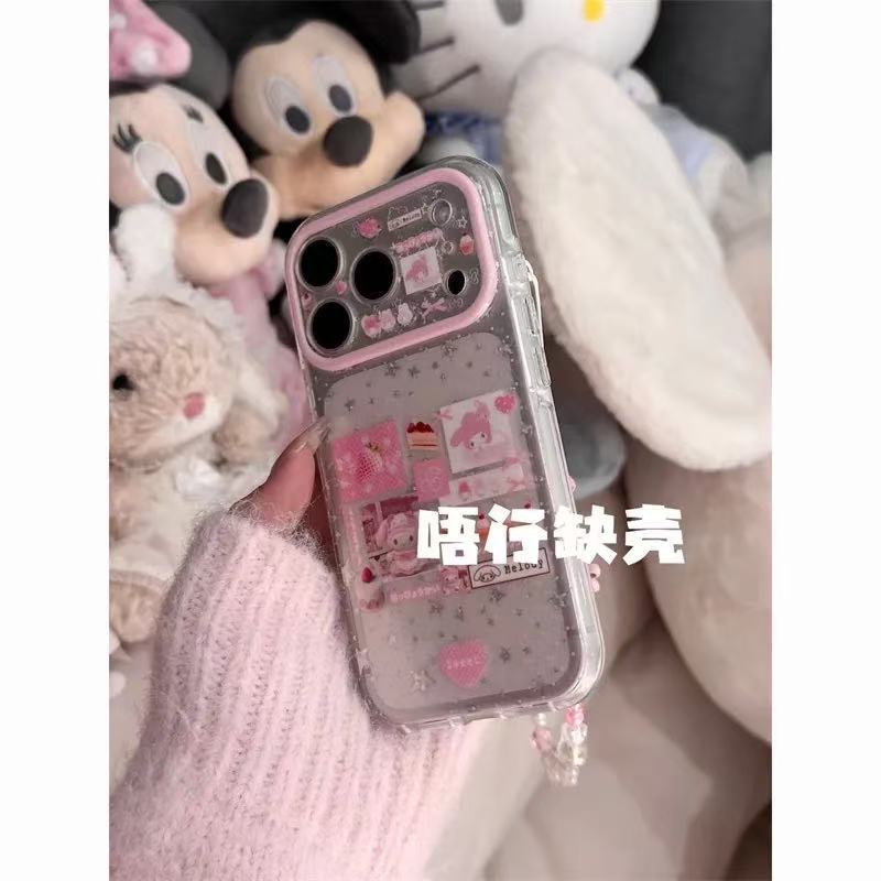 Cute Through-the-bottom Strawberry Cake Melody Round Edge Double Layer Is Suitable for Apple 17promax/16/15 Mobile Phone Case.